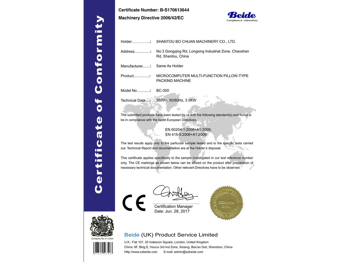 Pillow Packing Machine Certificate